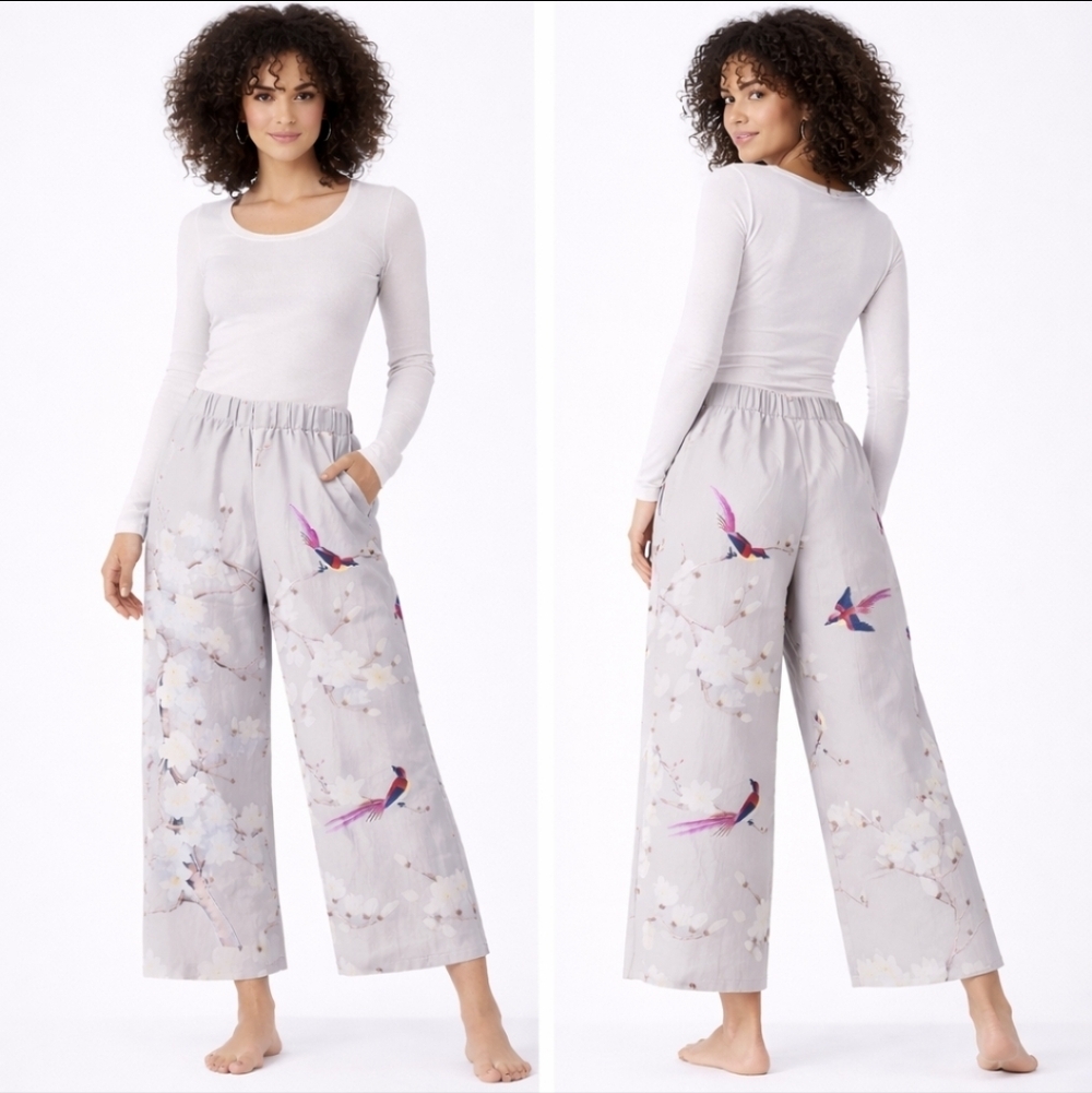 Bird Print Wide Leg Pants Cream Floral Elastic Waist Size M - Picture 1 of 7
